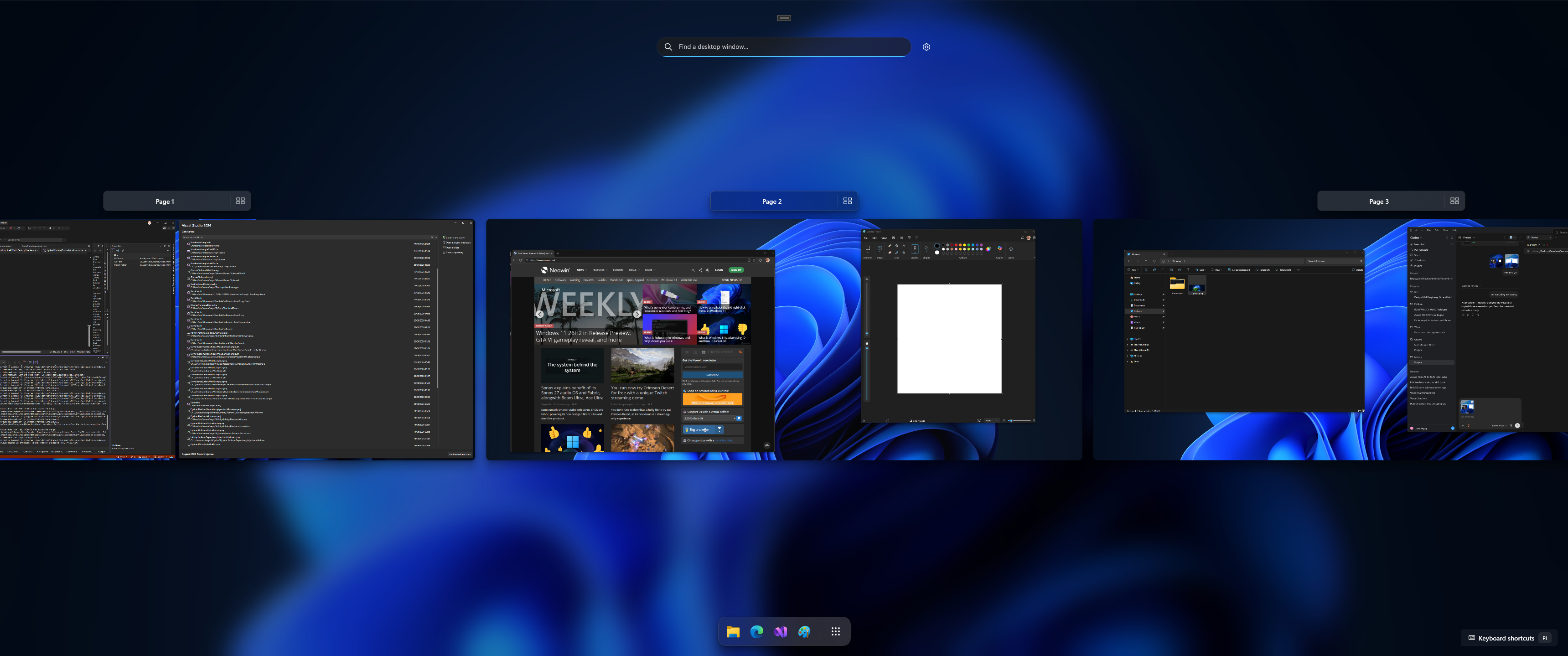 Infinity 2 showing live windows arranged across connected desktop pages.